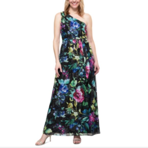 Sl Fashions Women's Floral-Print One-Shoulder Maxi Dress - Black Multi - Picture 1 of 2